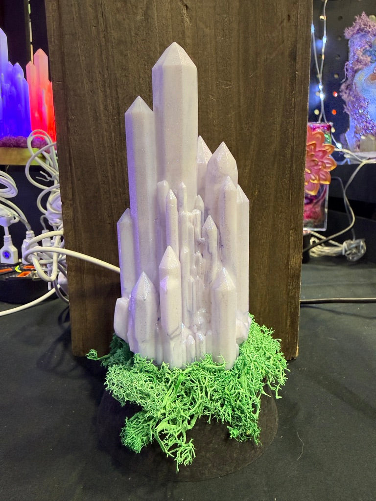 Large Resin Crystal Cluster on Mossy RGB Color Change Base