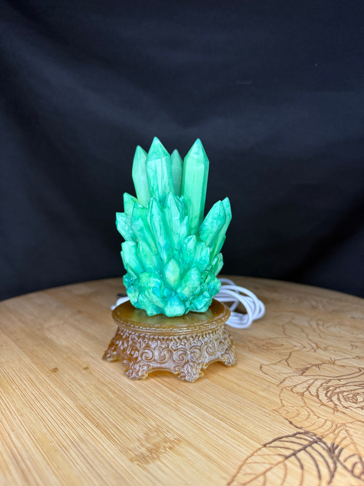 Green Crystal Cluster RGB LED USB Light Hand Inked 3D Printed Resin on Intricate Base