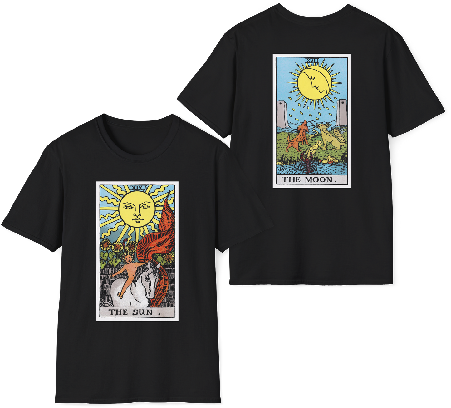 The Sun and Moon Rider Waite Smith Tarot Card T-Shirt — Mystical Vintage Tarot Tee