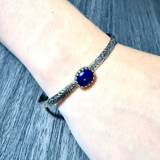 Sterling Silver Cuff Bracelet with Lapis Lazuli Blue Stone