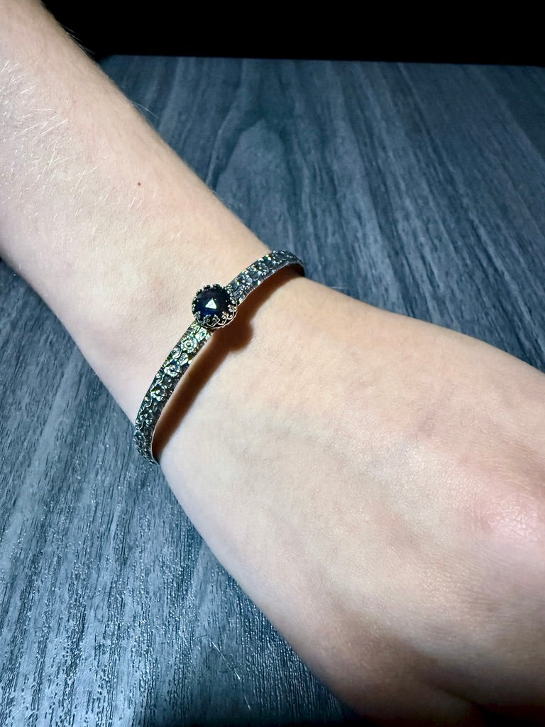 Sterling Silver Cuff Bracelet with Labradorite Round Rose Cut Stone
