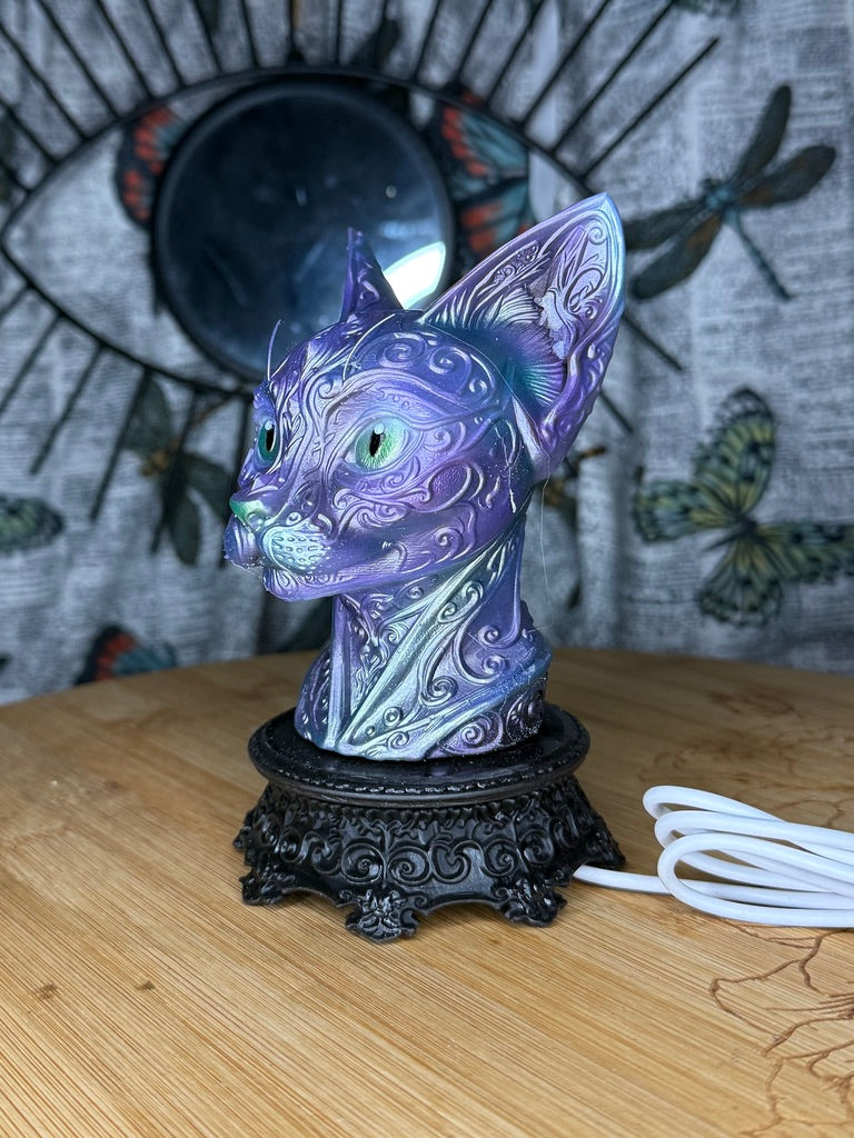 Cat RGB LED USB Light Airbrushed 3D Printed Resin on Intricate Regal Base