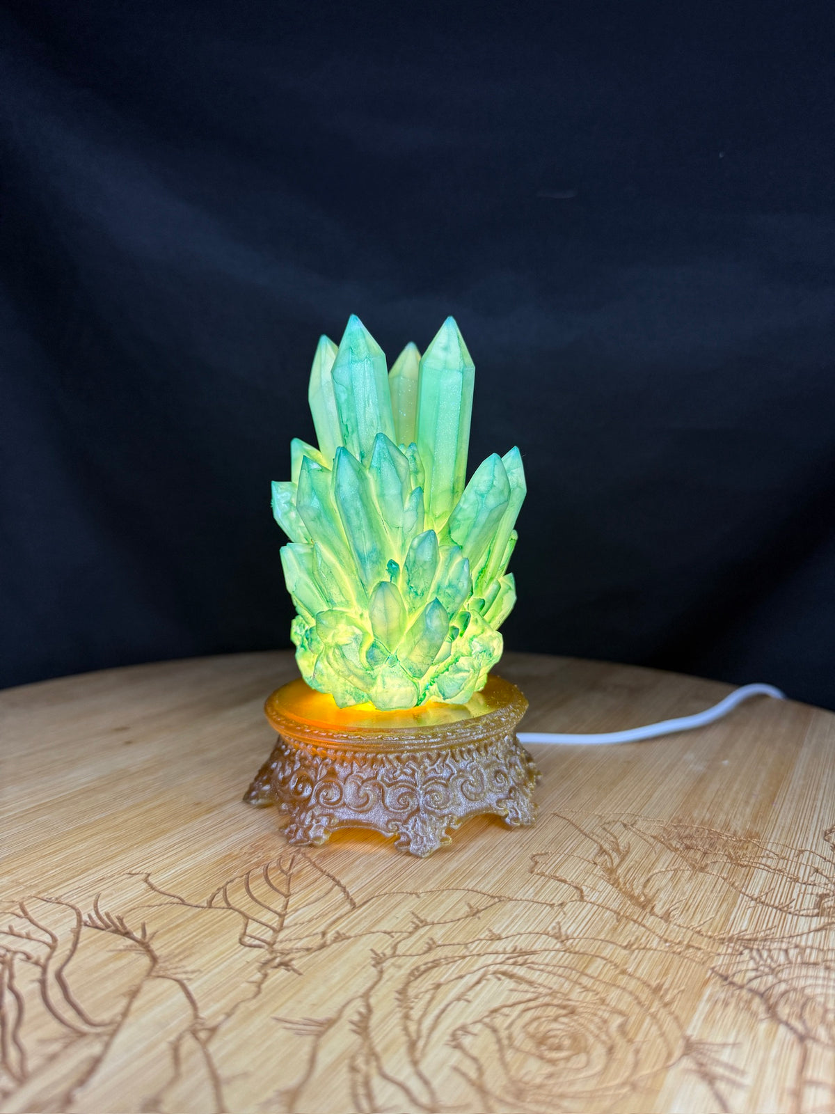 Green Crystal Cluster RGB LED USB Light Hand Inked 3D Printed Resin on Intricate Base