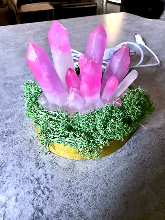 Large Resin Crystal Cluster Glow in the Dark on Mossy RGB Color Change Wooden Base