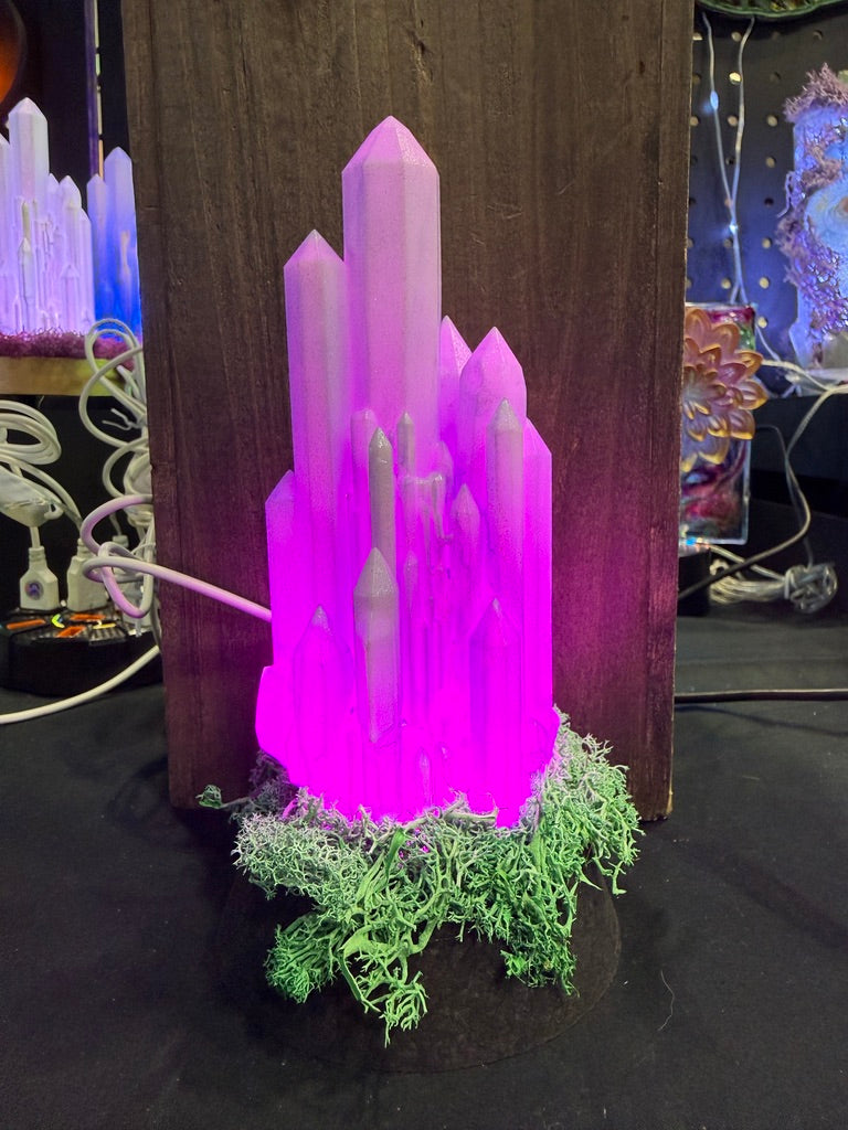 Large Resin Crystal Cluster on Mossy RGB Color Change Base