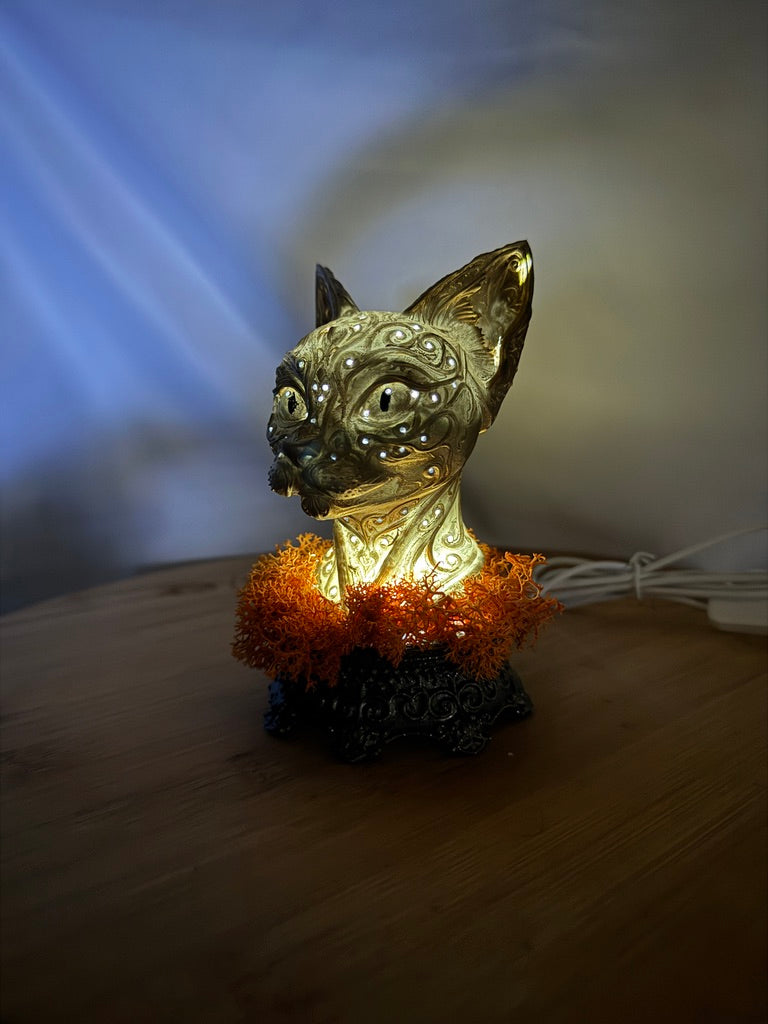 Gold Cat LED USB Light 3D Printed Resin with Orange Moss on Intricate Regal Base