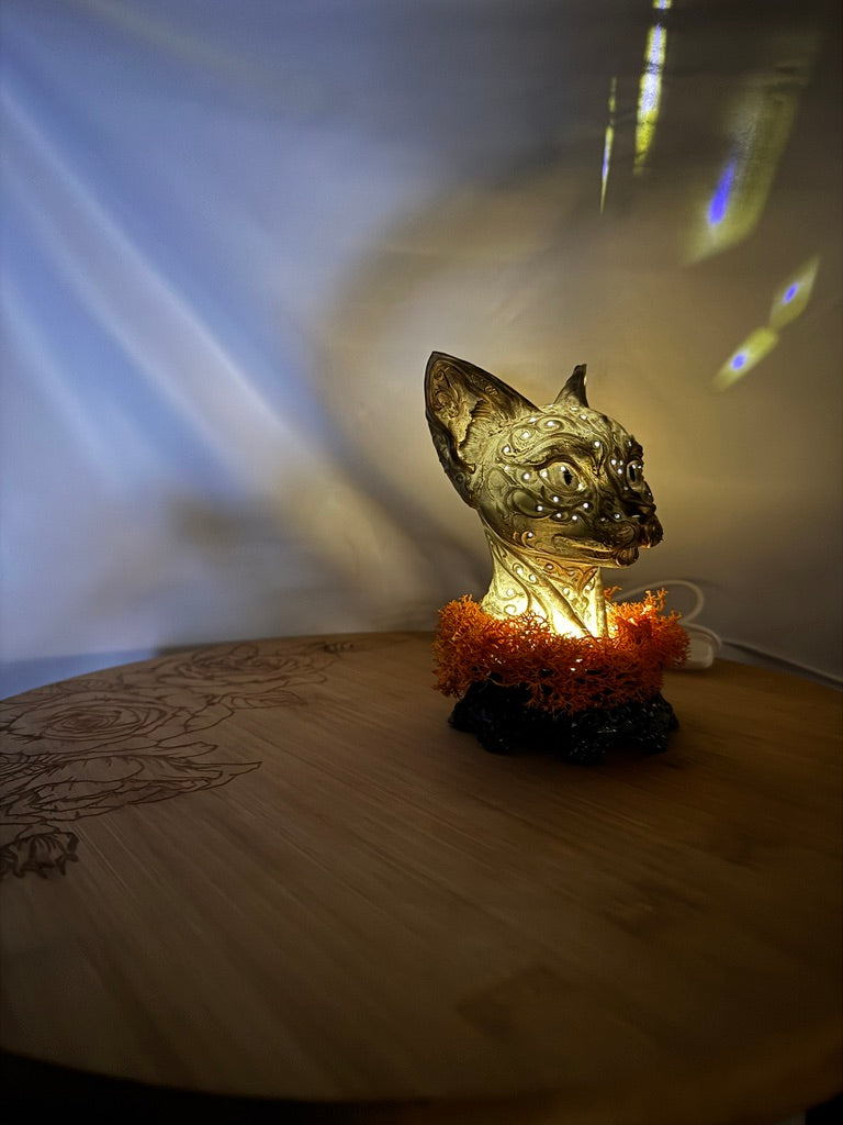Gold Cat LED USB Light 3D Printed Resin with Orange Moss on Intricate Regal Base