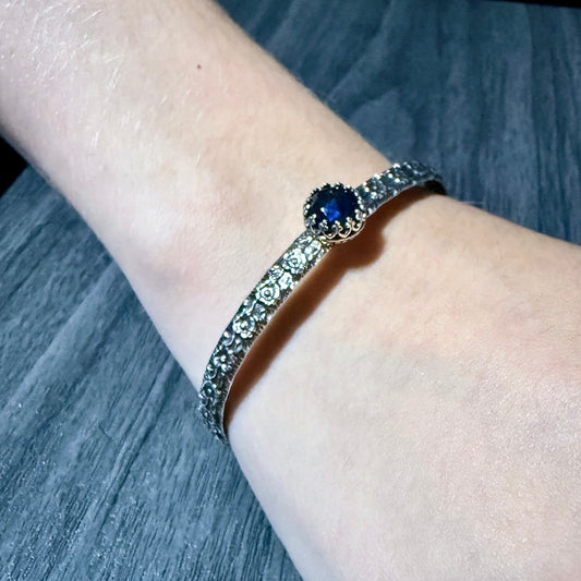Sterling Silver Cuff Bracelet with Labradorite Round Rose Cut Stone