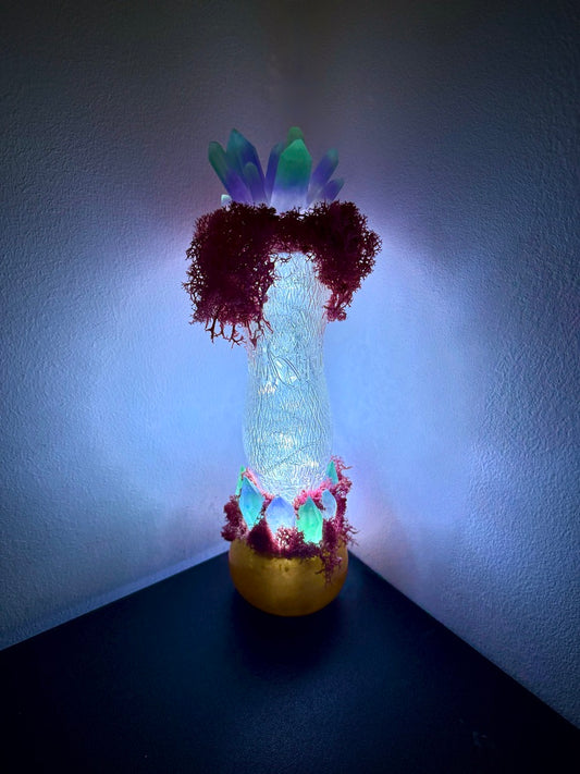 Resin Crystals, Lotus Flower, & 1920s Hourglass Whistle Soda Vintage Glass Bottle White USB Light