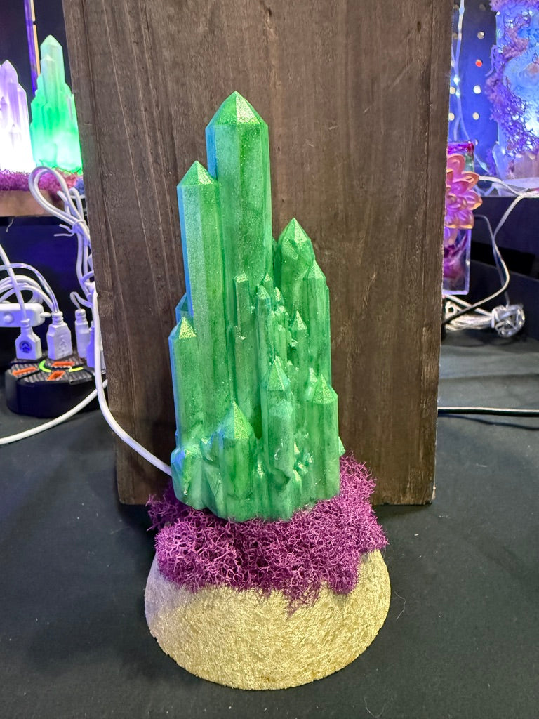 Large Resin Crystal Cluster on Mossy RGB Color Change Base