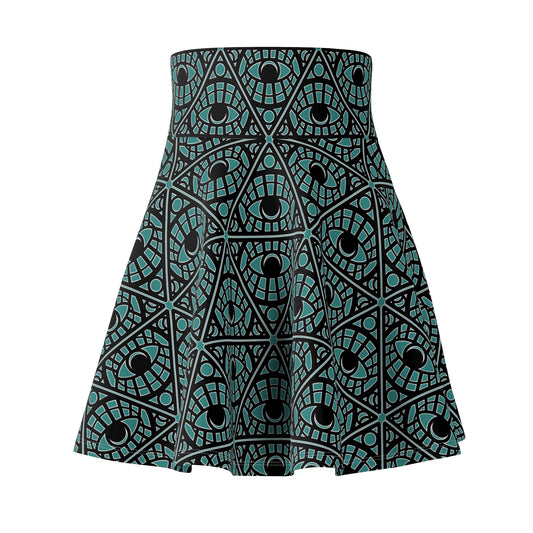 Mystic Eye Tribal Pattern Skater Skirt — Teal Allover Print