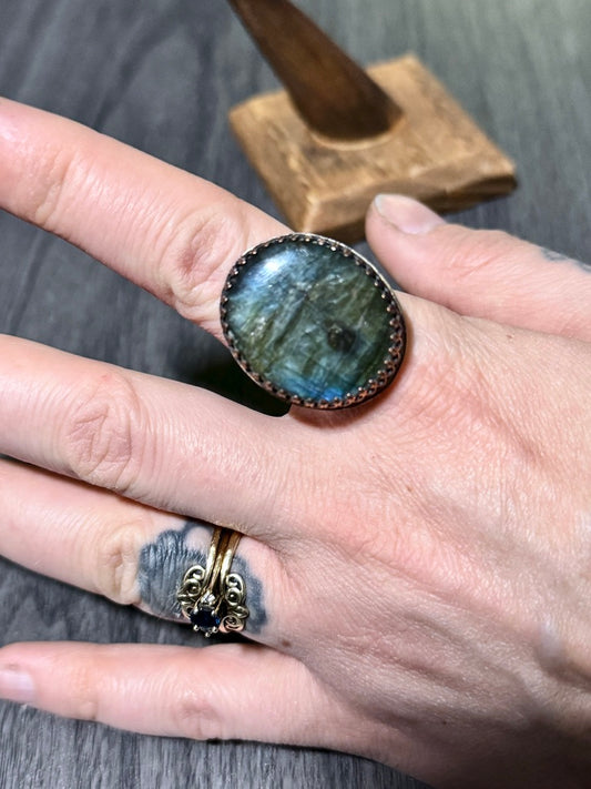 Labradorite Ring with Large Oval Cabochon