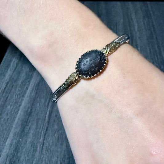 Sterling Silver Cuff Bracelet with Brass Leaves and Lava Stone