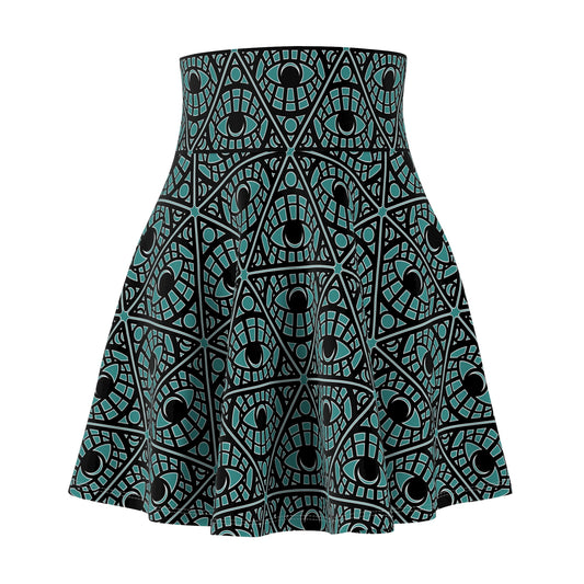 Mystic Eye Tribal Pattern Skater Skirt — Teal Allover Print