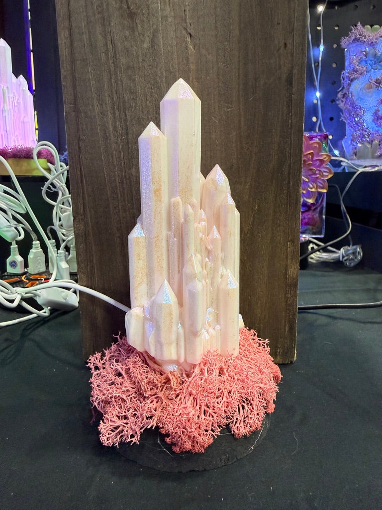Large Resin Crystal Cluster on Mossy RGB Color Change Base