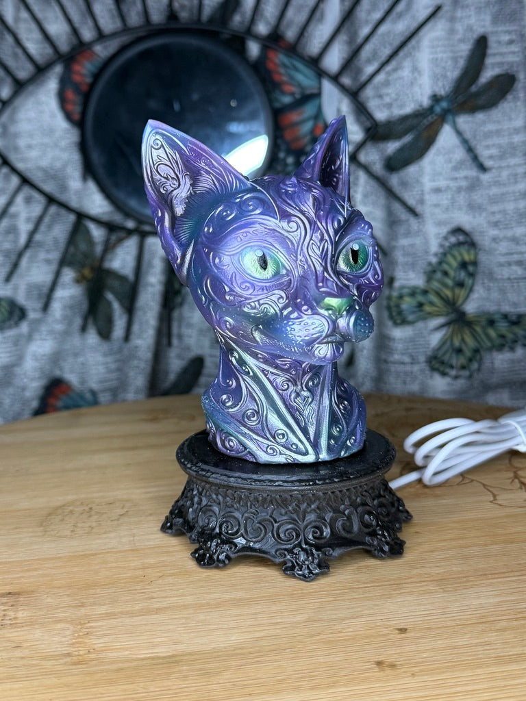 Cat RGB LED USB Light Airbrushed 3D Printed Resin on Intricate Regal Base