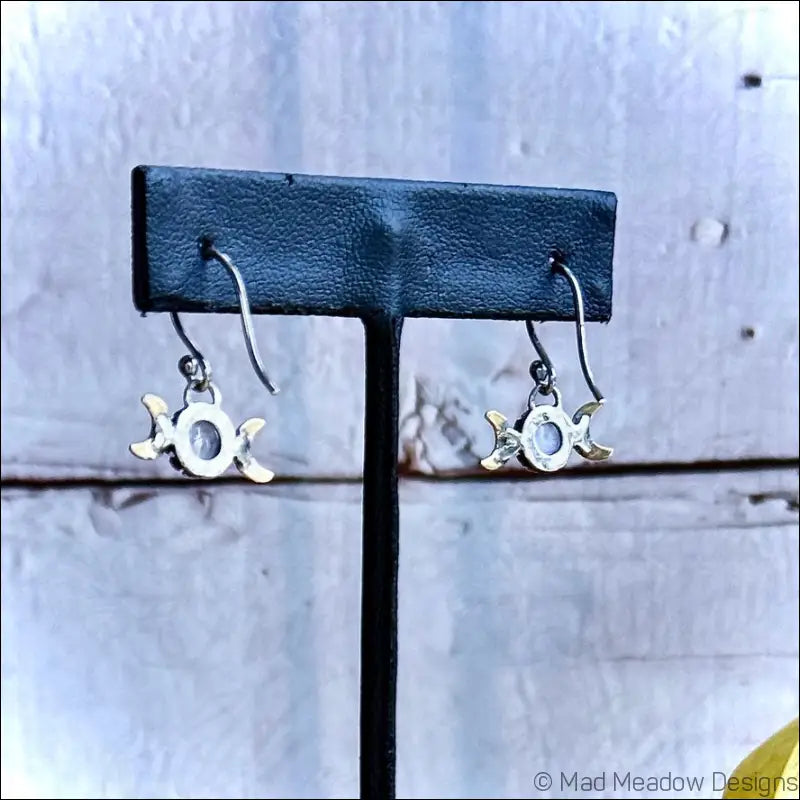 6mm Rainbow Moonstone Triple Moon Sterling Silver and Brass Earrings - Jewelry