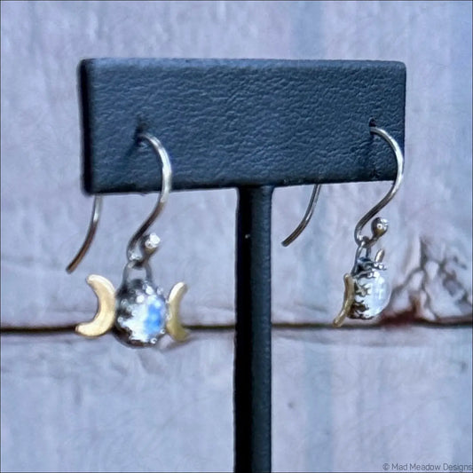 6mm Rainbow Moonstone Triple Moon Sterling Silver and Brass Earrings - Jewelry