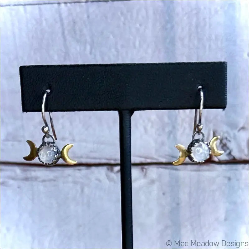 6mm Rainbow Moonstone Triple Moon Sterling Silver and Brass Earrings - Jewelry