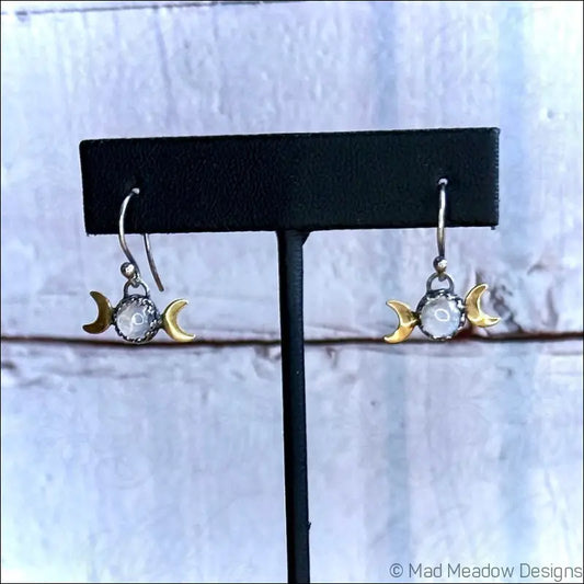 6mm Rainbow Moonstone Triple Moon Sterling Silver and Brass Earrings - Jewelry