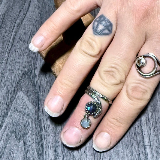 Articulated Labradorite & Chalcedony Bypass Ring with Intricate Band