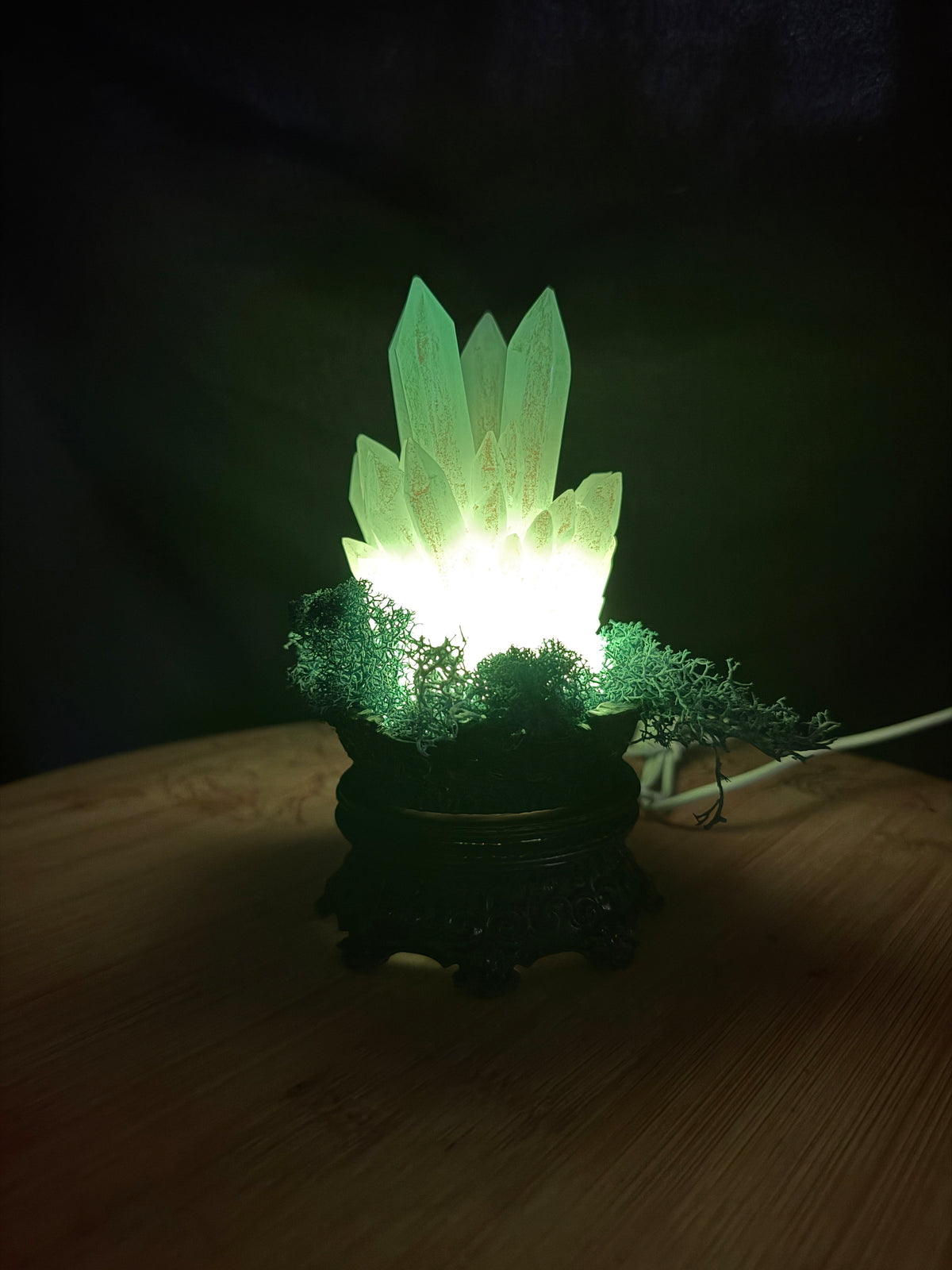 Solid Glow in the Dark 3D Printed Resin Crystal Cluster RGB LED USB Light on Tall Intricate Base