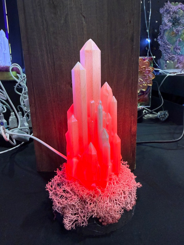 Large Resin Crystal Cluster on Mossy RGB Color Change Base