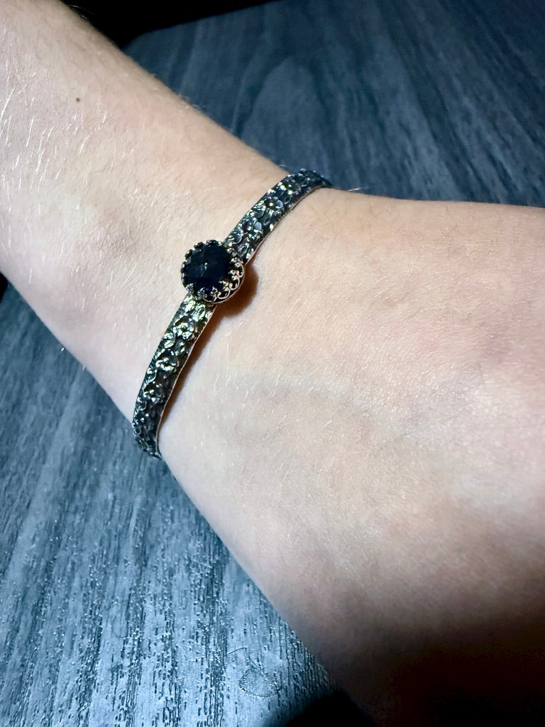 Sterling Silver Cuff Bracelet with Labradorite Round Rose Cut Stone