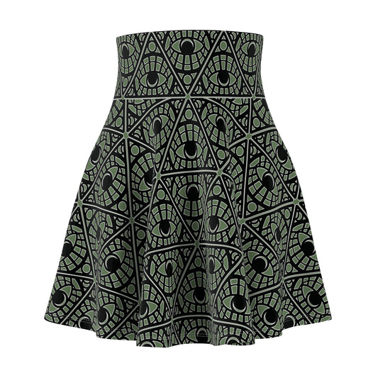 Mystic Eye Tribal Pattern Skater Skirt — Sage Allover Print