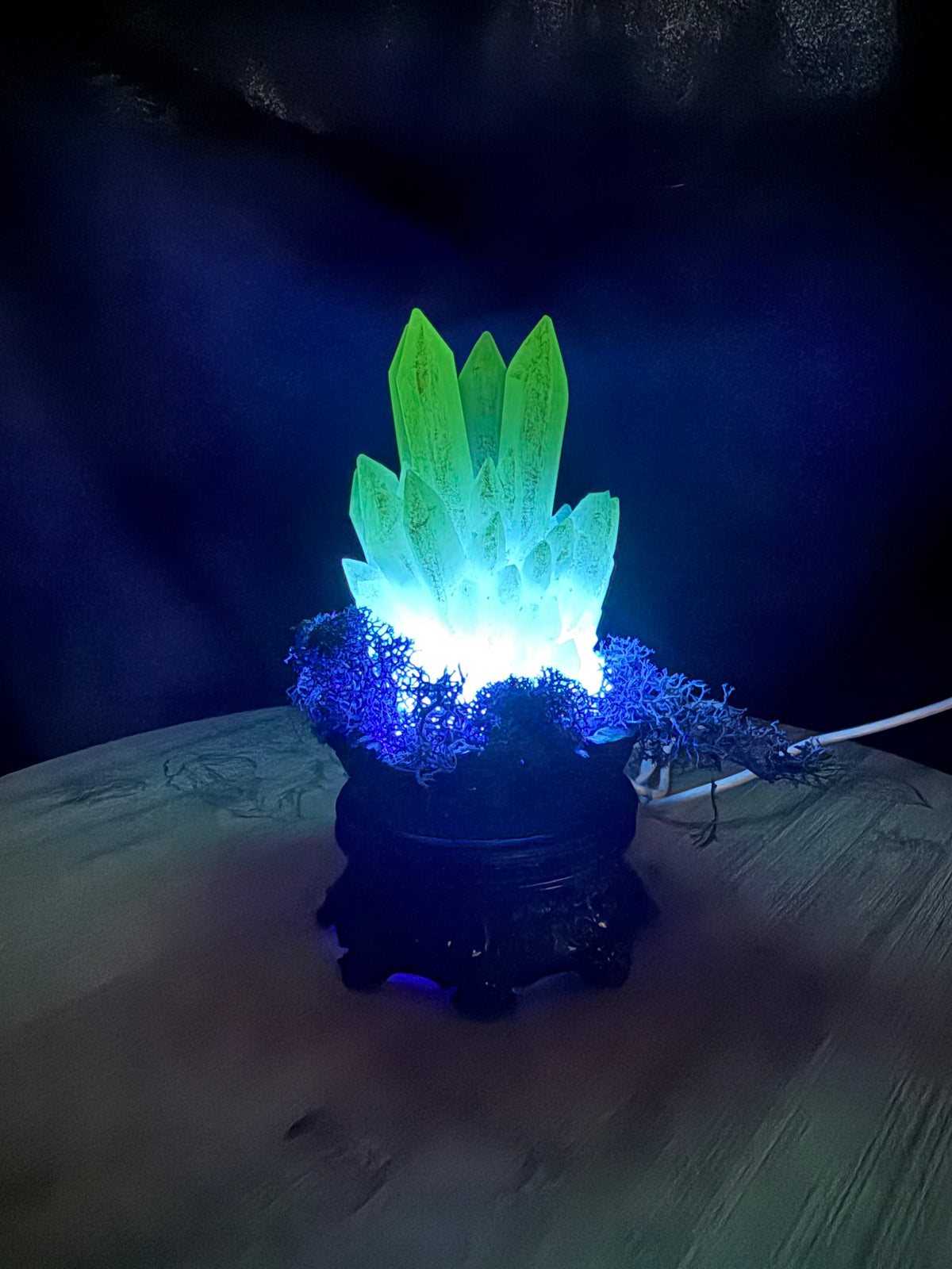 Solid Glow in the Dark 3D Printed Resin Crystal Cluster RGB LED USB Light on Tall Intricate Base