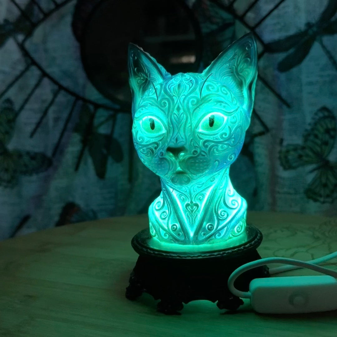 Cat RGB LED USB Light Airbrushed 3D Printed Resin on Intricate Regal Base