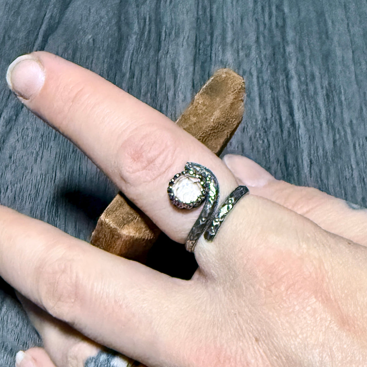 Clear Quartz Bypass Ring with Intricate Band