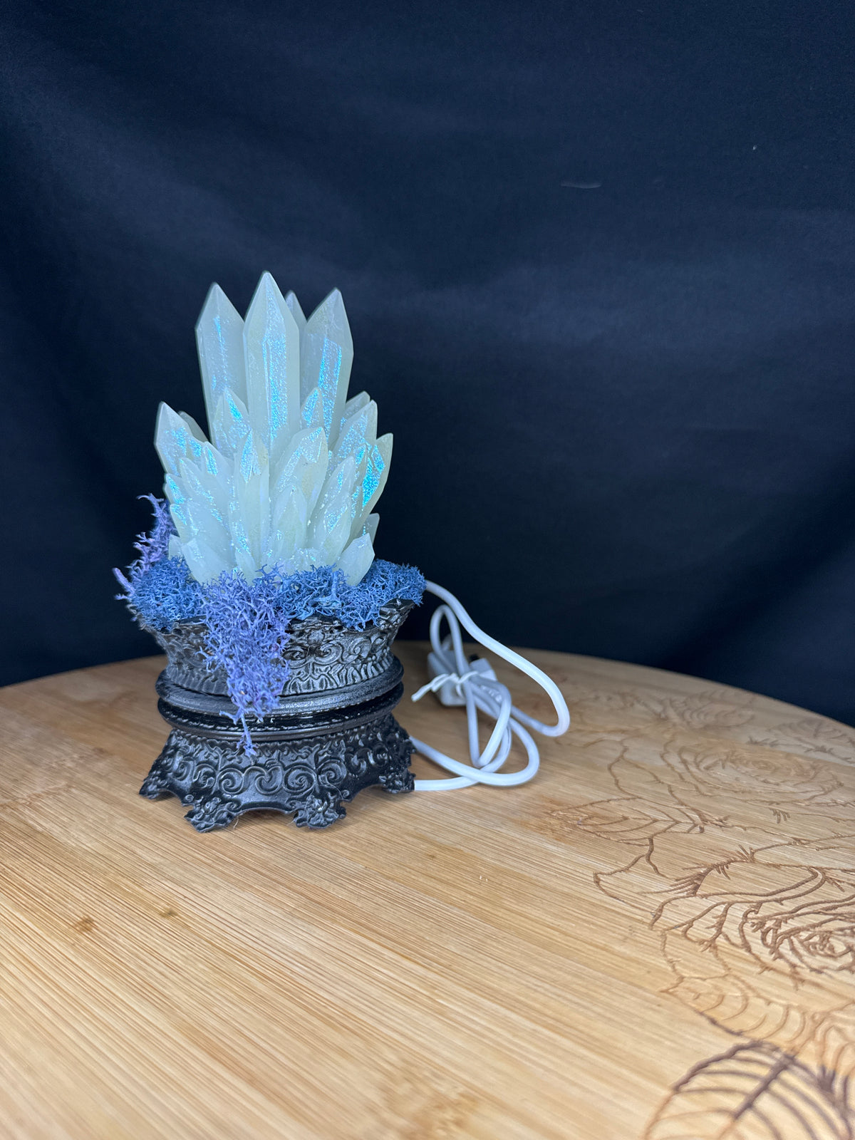 Solid Glow in the Dark 3D Printed Resin Crystal Cluster RGB LED USB Light on Tall Intricate Base