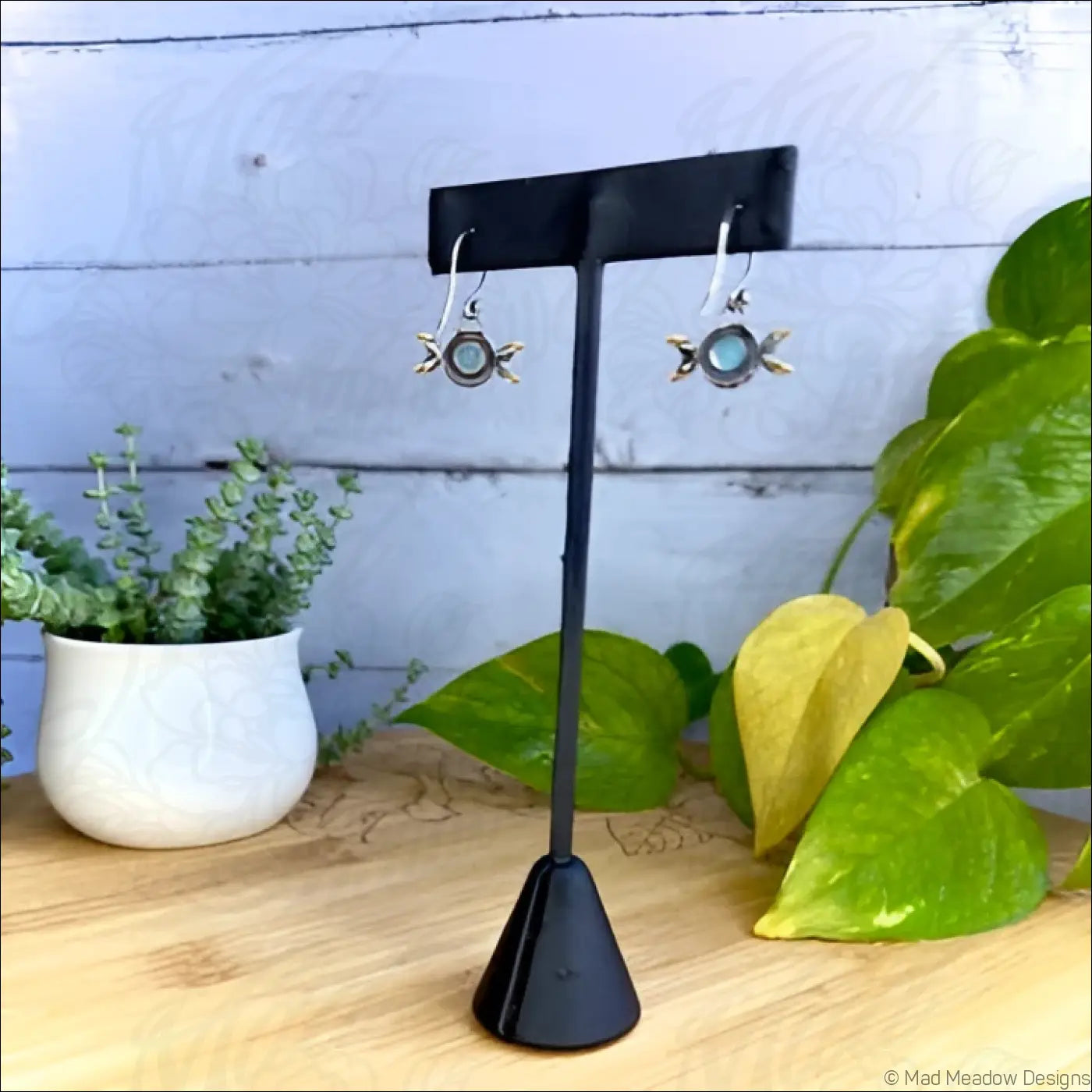 8mm Aqua Chalcedony Triple Moon Sterling Silver and Brass Earrings - Jewelry
