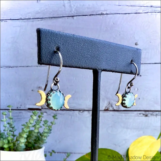 8mm Aqua Chalcedony Triple Moon Sterling Silver and Brass Earrings - Jewelry