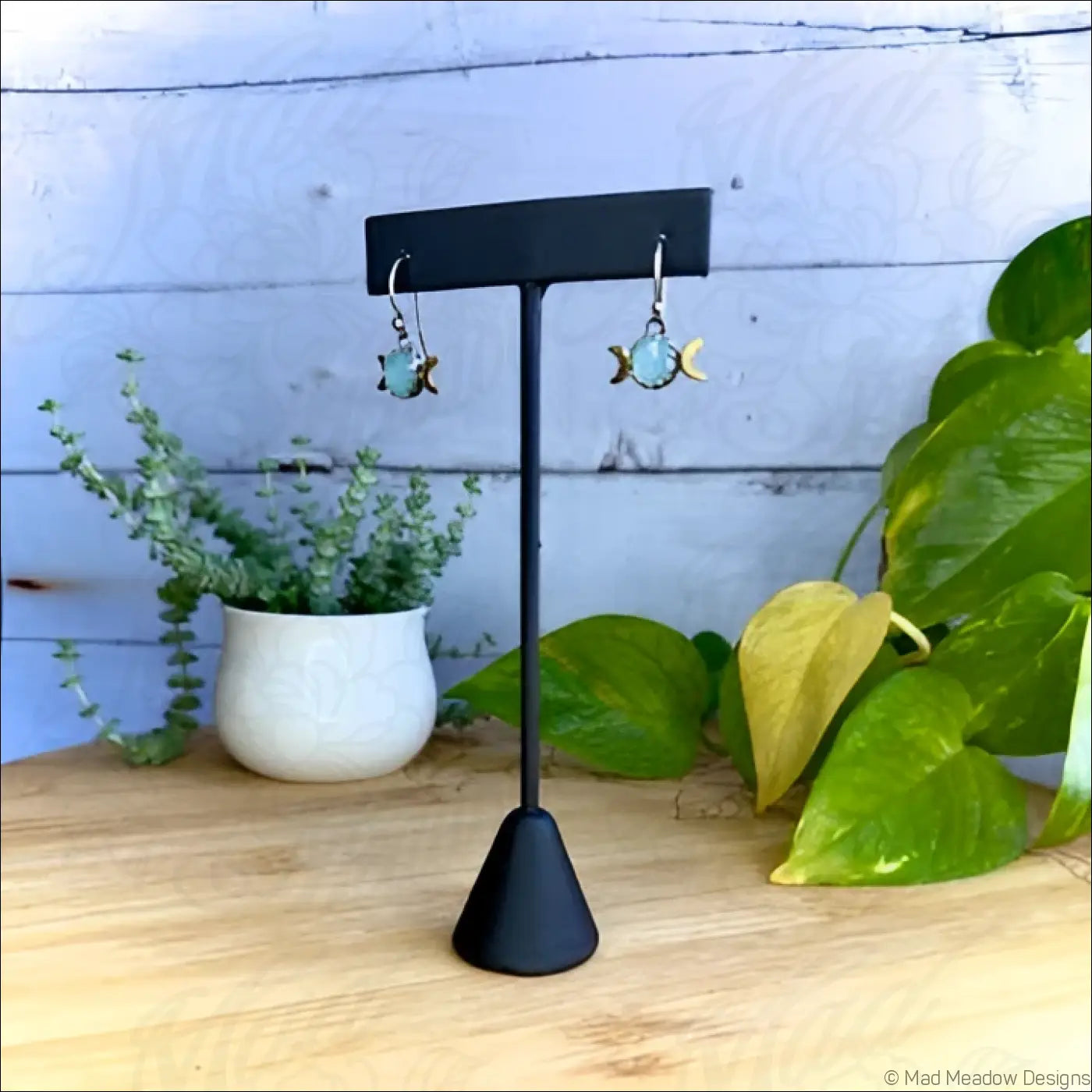 8mm Aqua Chalcedony Triple Moon Sterling Silver and Brass Earrings - Jewelry