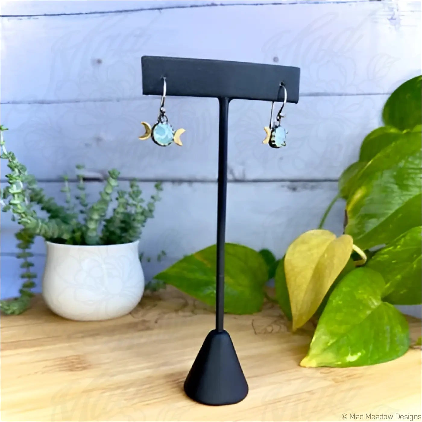 8mm Aqua Chalcedony Triple Moon Sterling Silver and Brass Earrings - Jewelry