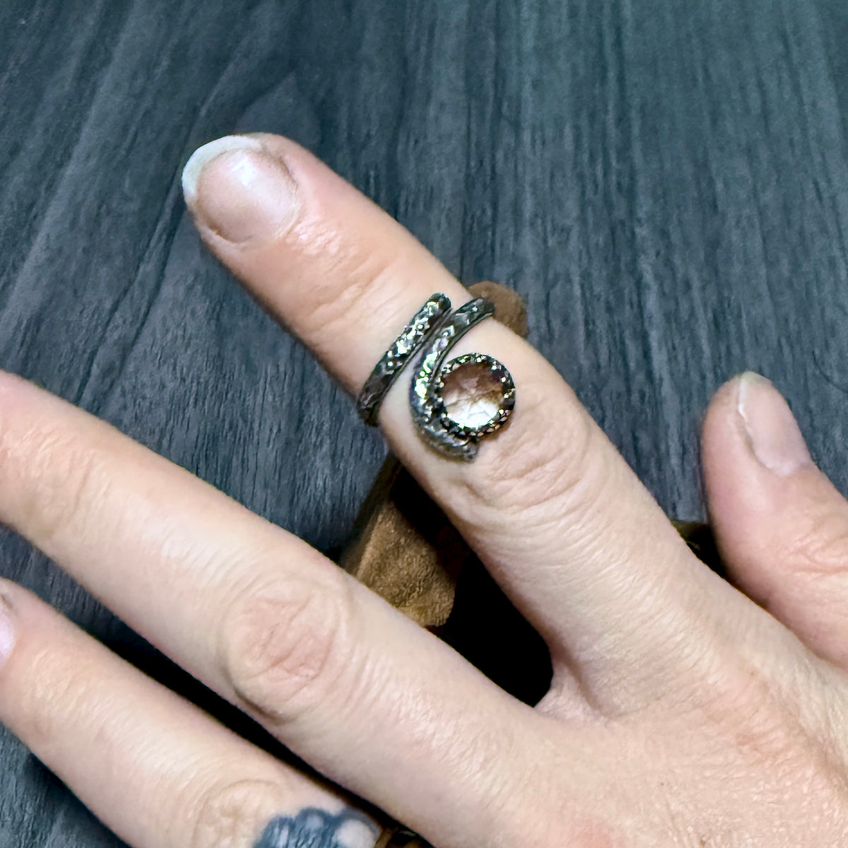 Clear Quartz Bypass Ring with Intricate Band