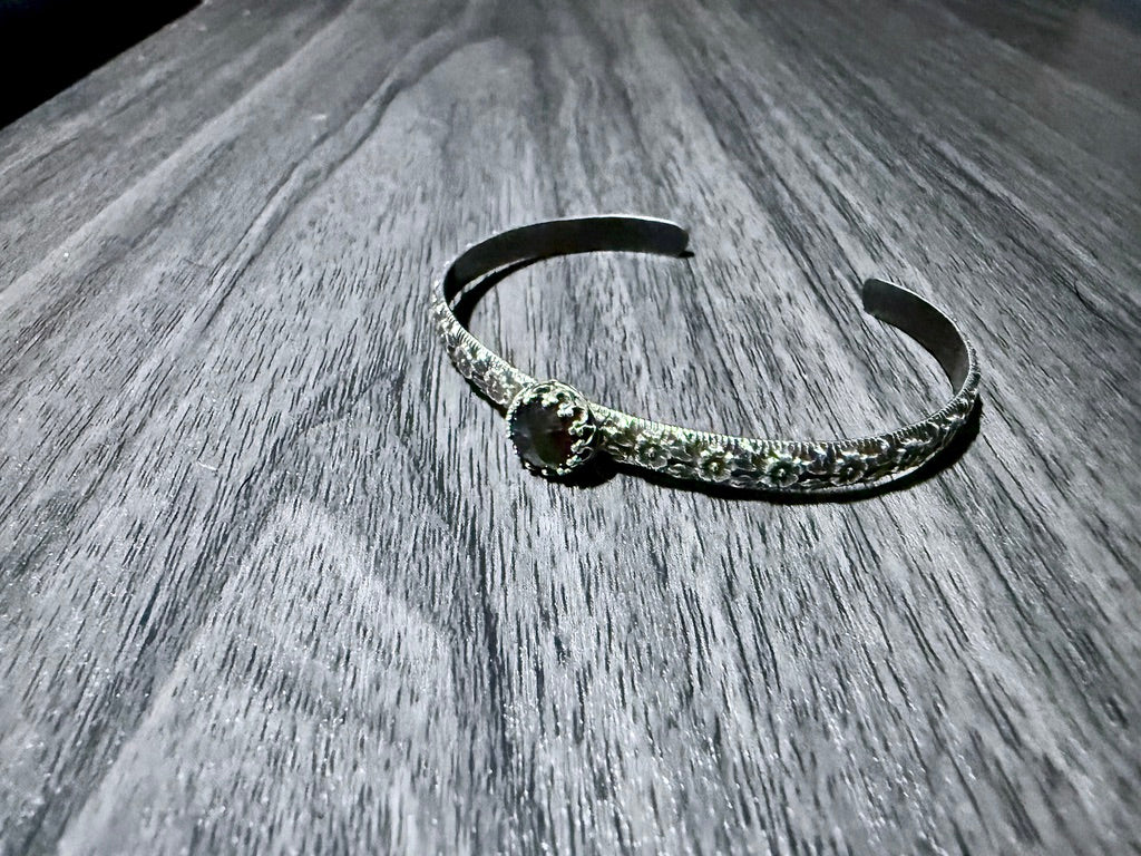 Sterling Silver Cuff Bracelet with Labradorite Round Rose Cut Stone