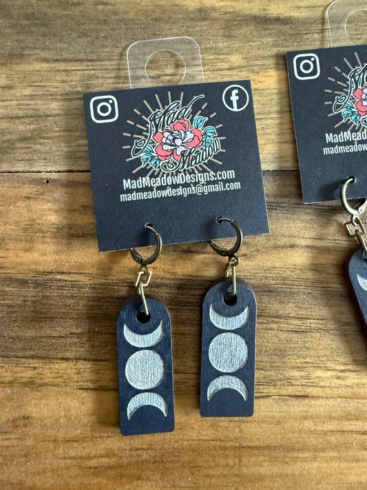Triple Moon Hand-Painted Wooden Earrings