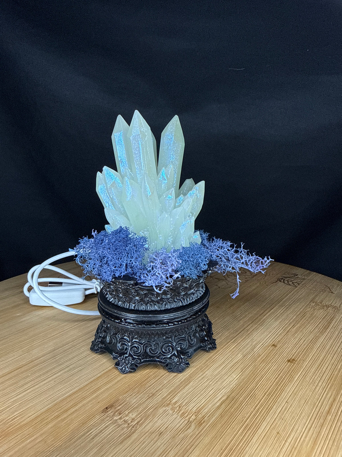 Solid Glow in the Dark 3D Printed Resin Crystal Cluster RGB LED USB Light on Tall Intricate Base