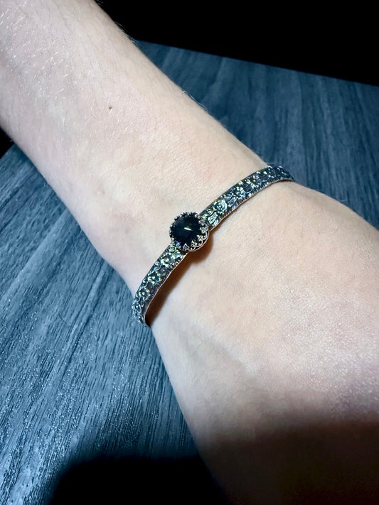 Sterling Silver Cuff Bracelet with Labradorite Round Rose Cut Stone