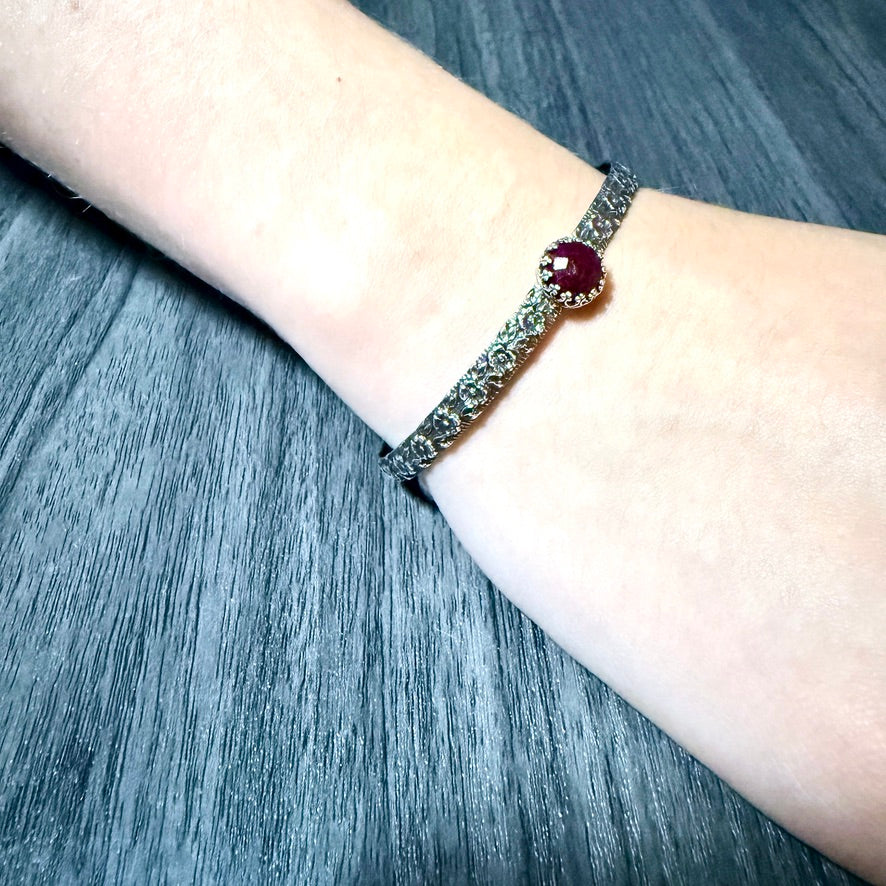 Sterling Silver Cuff Bracelet with Ruby Red Round Rose Cut Stone