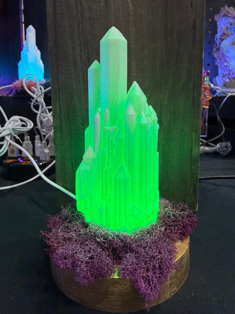 Large Resin Crystal Cluster on Mossy RGB Color Change Base