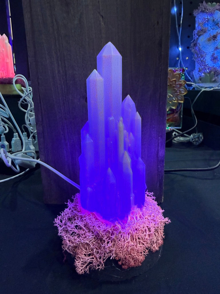 Large Resin Crystal Cluster on Mossy RGB Color Change Base