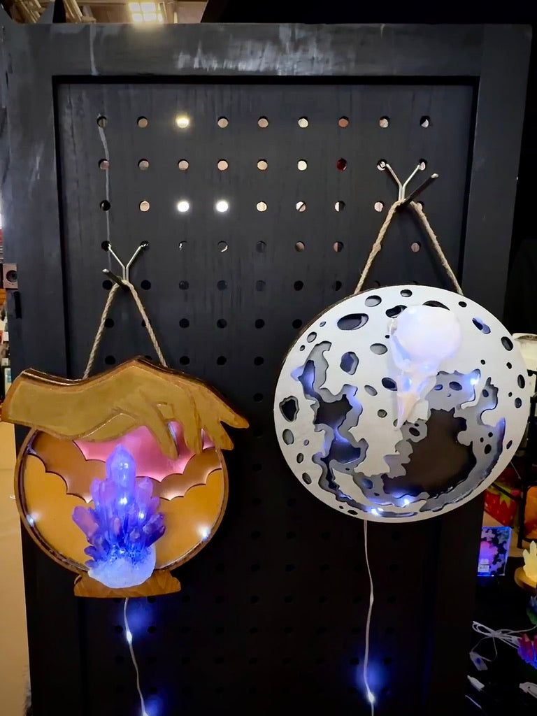 Glowing Silver Moon and Raven Skull Hanging Wall Light LED USB
