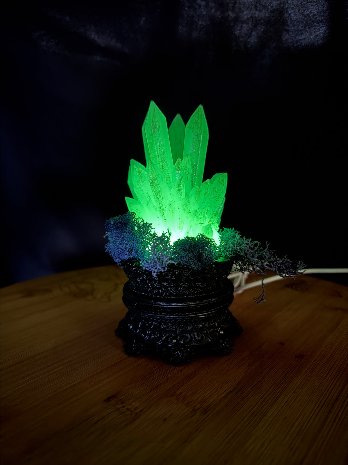 Solid Glow in the Dark 3D Printed Resin Crystal Cluster RGB LED USB Light on Tall Intricate Base
