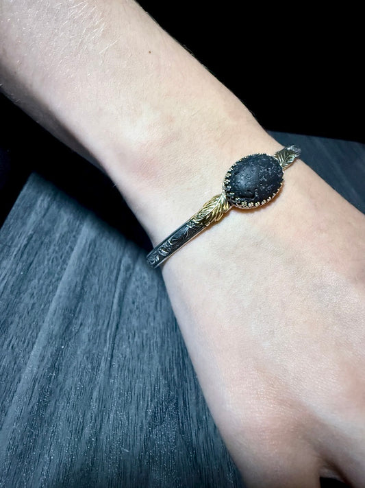 Sterling Silver Cuff Bracelet with Brass Leaves and Lava Stone