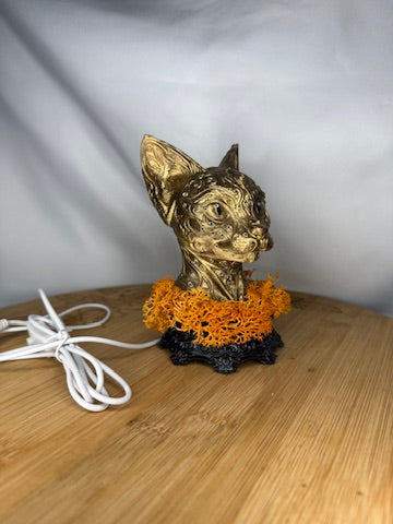 Gold Cat LED USB Light 3D Printed Resin with Orange Moss on Intricate Regal Base
