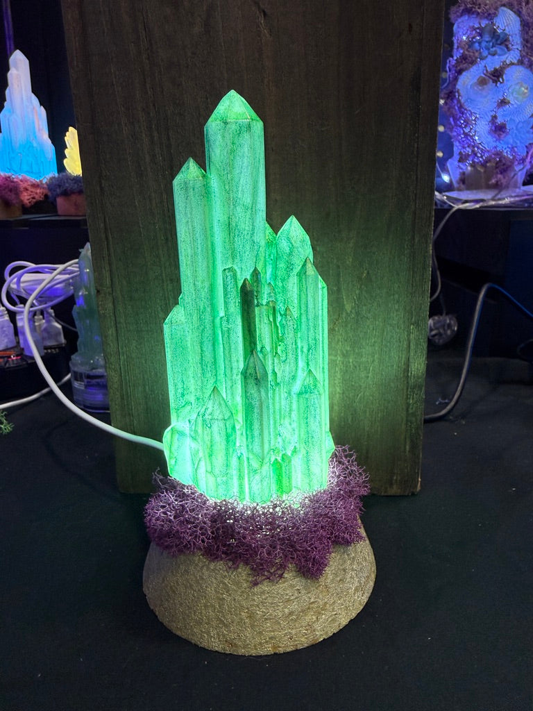Large Resin Crystal Cluster on Mossy RGB Color Change Base